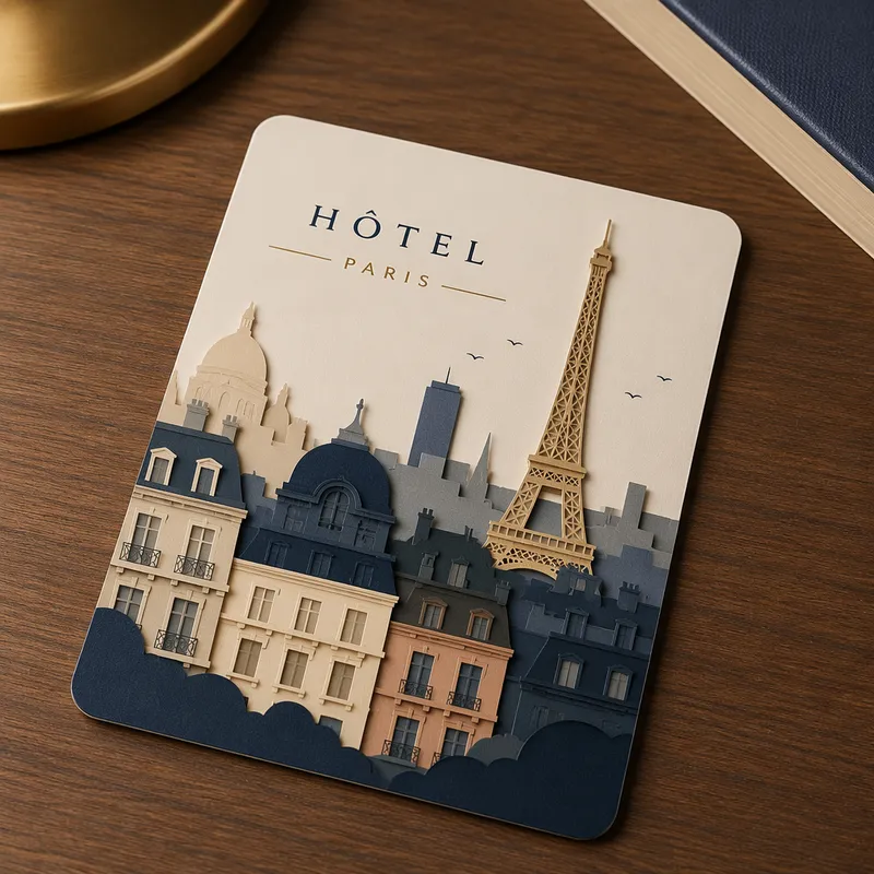 Hotellihuoneen avainkortti puisella pöydällä