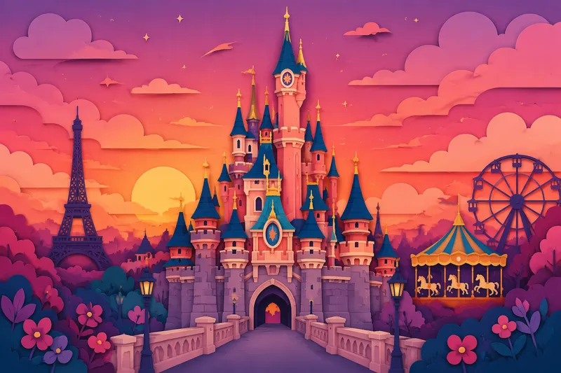 Disneylandin satulinna auringonlaskun aikaan Disneylandin satulinna auringonlaskun aikaan