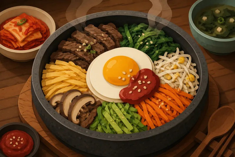 Korealainen bibimbap-annos kuumassa kivikulhossa Korealainen bibimbap-annos kuumassa kivikulhossa