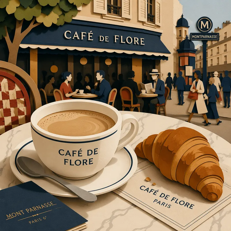 Café au lait ja croissant marmoripöydällä Café au lait ja croissant marmoripöydällä