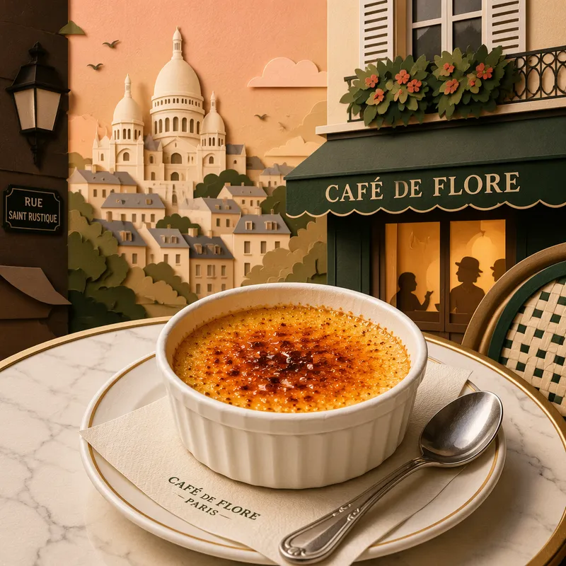 Crème brûlée -jälkiruoka tarjoiltuna ranskalaisessa kahvilassa Crème brûlée -jälkiruoka tarjoiltuna ranskalaisessa kahvilassa