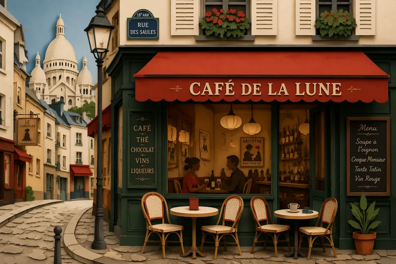 Café des Deux Moulinsin tunnelmallinen ulkoterassi Café des Deux Moulinsin tunnelmallinen ulkoterassi