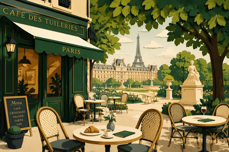 Pariisilainen kahvilaterassi Tuileries-puistossa Pariisilainen kahvilaterassi Tuileries-puistossa