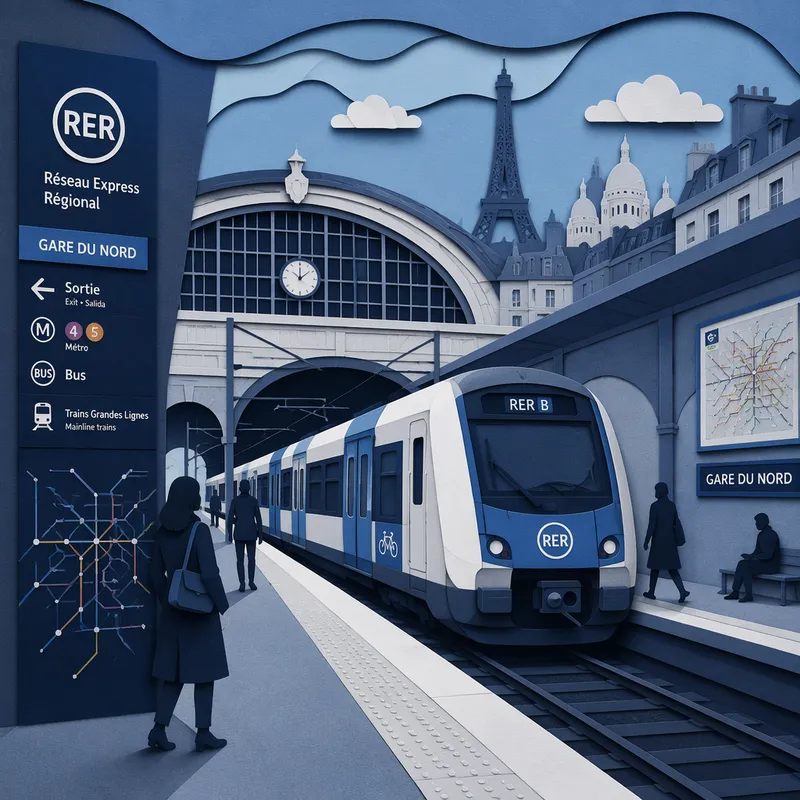 RER-juna saapumassa rautatieasemalle