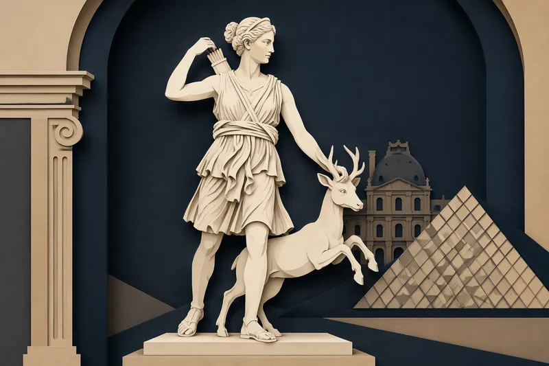 Marmoriveistos Diana ja peura museon valaistuksessa Marmoriveistos Diana ja peura museon valaistuksessa