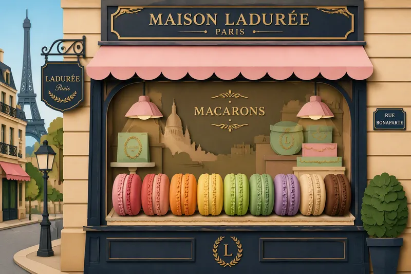 Värikkäitä ranskalaisia macaron-leivoksia lasivitriinissä
