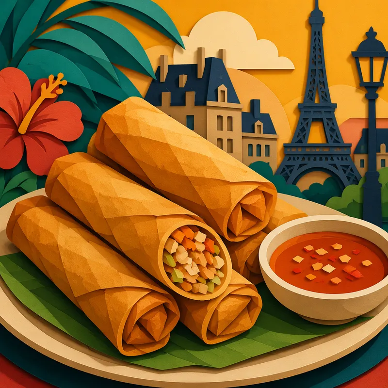 Lumpia-kevätkääryleitä lautasella kastikkeen kera Lumpia-kevätkääryleitä lautasella kastikkeen kera