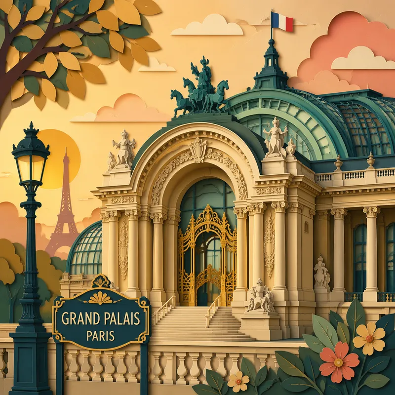 Grand Palais iltavalaistuksessa lähellä Champs-Élysées -bulevardia Grand Palais iltavalaistuksessa lähellä Champs-Élysées -bulevardia