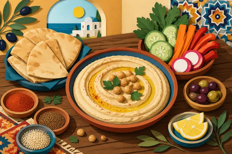 Tarjoiltu hummus ja pita-leipää pöydässä