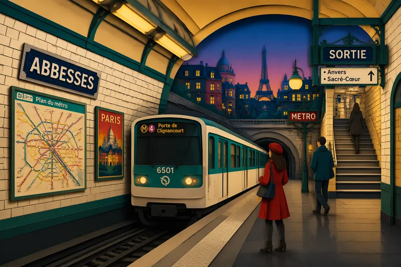 Pariisin metron tyypillinen laiturialue ja tunnelmallinen valaistus