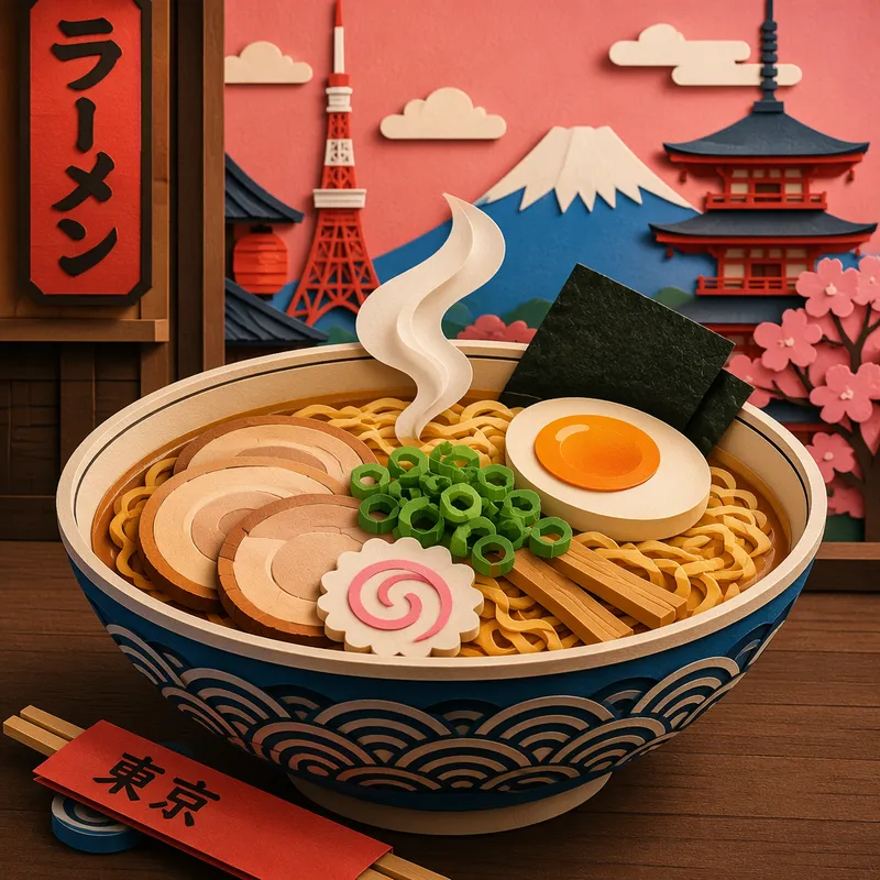 Höyryävä kulho ramen-keittoa ravintolan pöydässä Höyryävä kulho ramen-keittoa ravintolan pöydässä