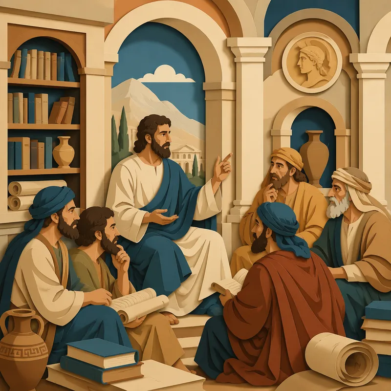 Jeesus opettaa fariseuksia historiallisessa kirjastoympäristössä