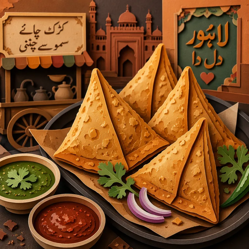 Rapeita samosa-piiraita tarjoiluvadilla kastikkeiden kera