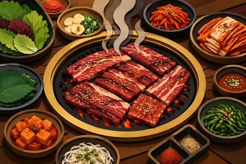 Korealaista BBQ-ruokaa grillattuna pöydän ääressä Korealaista BBQ-ruokaa grillattuna pöydän ääressä