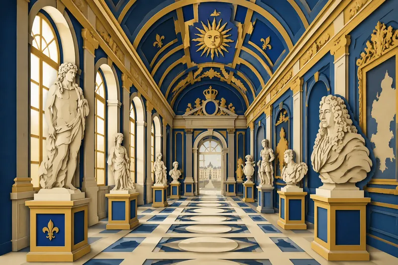Historiallinen taidegalleria täynnä veistoksia ja korkeita holvikaaria