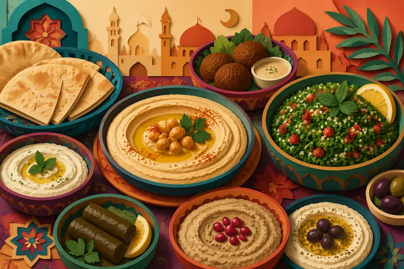 Lähi-idän meze-annoksia ja hummusta pöydässä
