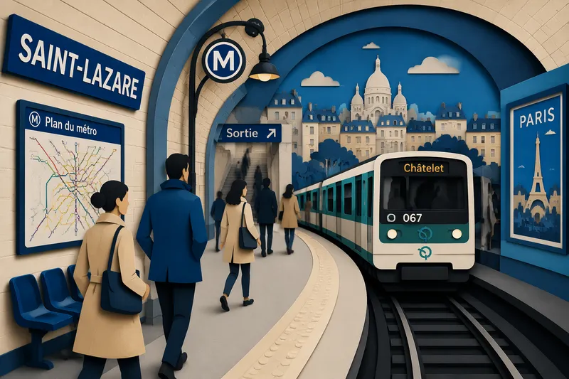Pariisin metron laiturialue ja saapuva juna Pariisin metron laiturialue ja saapuva juna