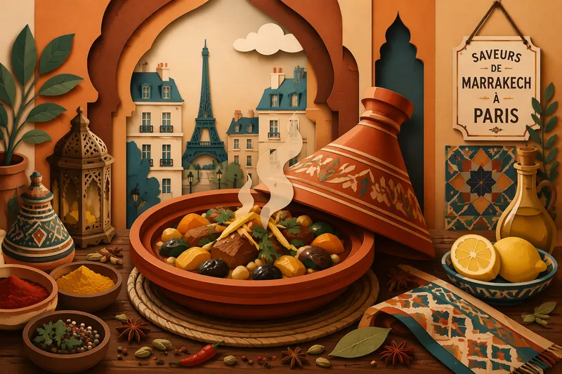 Perinteinen marokkolainen tagine-annos höyryää pöydässä Perinteinen marokkolainen tagine-annos höyryää pöydässä
