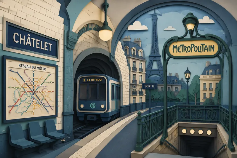 Pariisin metron tunnelmainen asema ja kaakeloidut seinät
