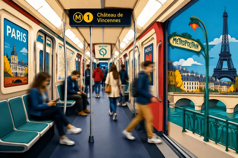 Pariisin metron moderni vaunu ja matkustajia
