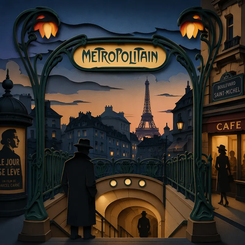 Art nouveau -tyylinen metron sisäänkäynti iltahämärässä