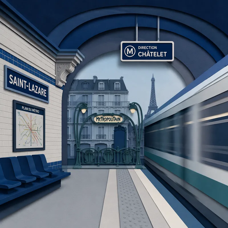 Moderni Pariisin metroaseman laituri junan saapuessa Moderni Pariisin metroaseman laituri junan saapuessa