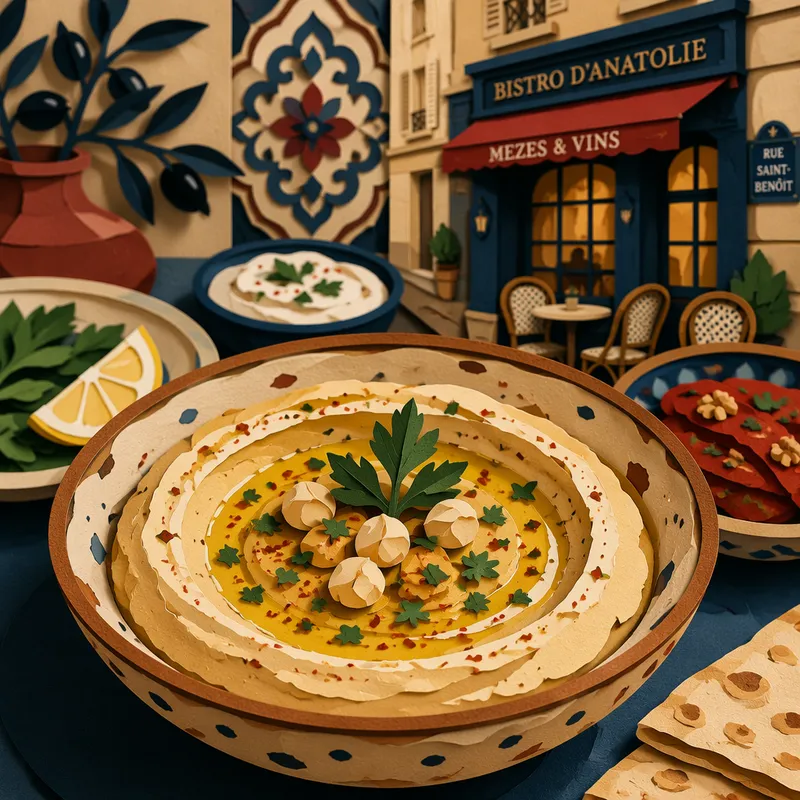 Hummus-annos oliiviöljyllä ja yrteillä koristeltuna Hummus-annos oliiviöljyllä ja yrteillä koristeltuna