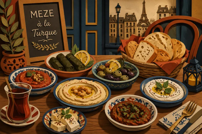 Turkkilaisia meze-alkupaloja puupöydällä ravintolassa Turkkilaisia meze-alkupaloja puupöydällä ravintolassa