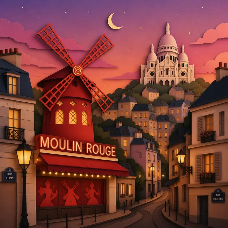 Moulin Rougen punainen mylly rakennuksen katolla Moulin Rougen punainen mylly rakennuksen katolla