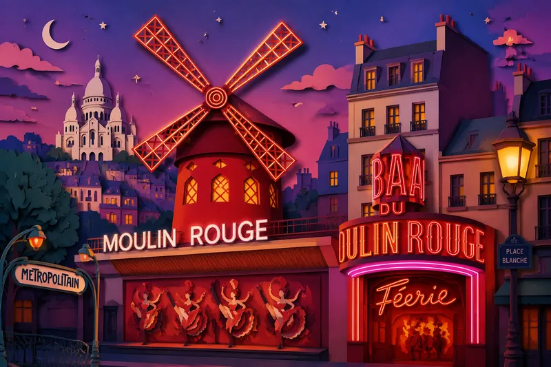 Moulin Rougen tunnettu punainen mylly iltavalaistuksessa Moulin Rougen tunnettu punainen mylly iltavalaistuksessa
