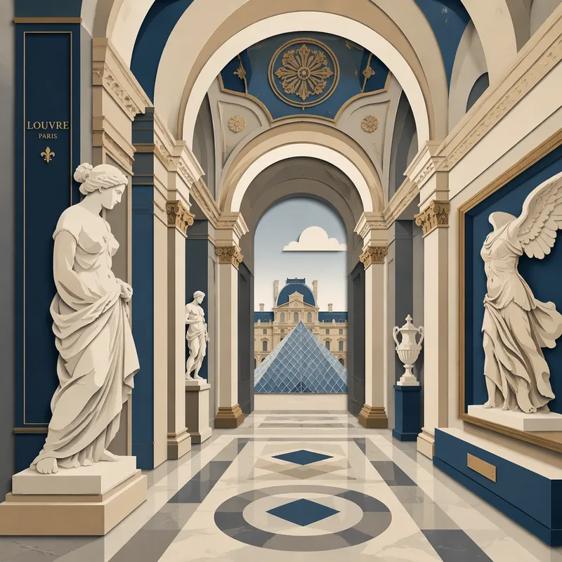 Louvren taidemuseon historiallinen galleria ja taideteoksia Louvren taidemuseon historiallinen galleria ja taideteoksia