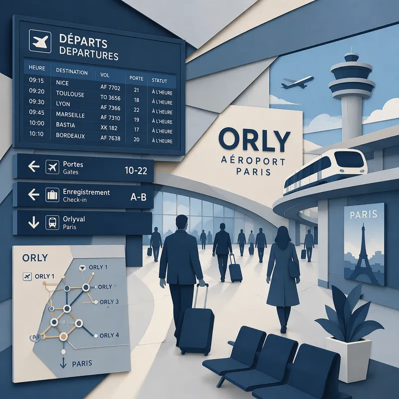 Moderni terminaali ja opasteet Pariisin Orlyn lentokentällä Moderni terminaali ja opasteet Pariisin Orlyn lentokentällä