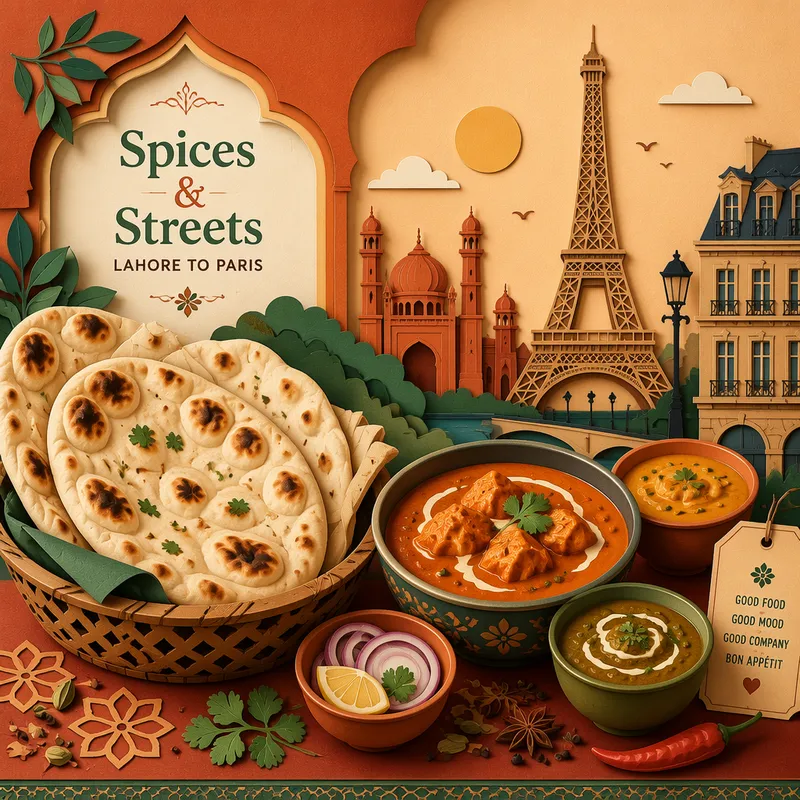 Tuoretta naan-leipää ja värikkäitä currykastikkeita ravintolapöydässä