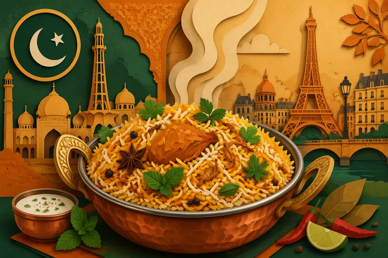 Höyryävä ja mausteinen biryani-annos metallikulhossa