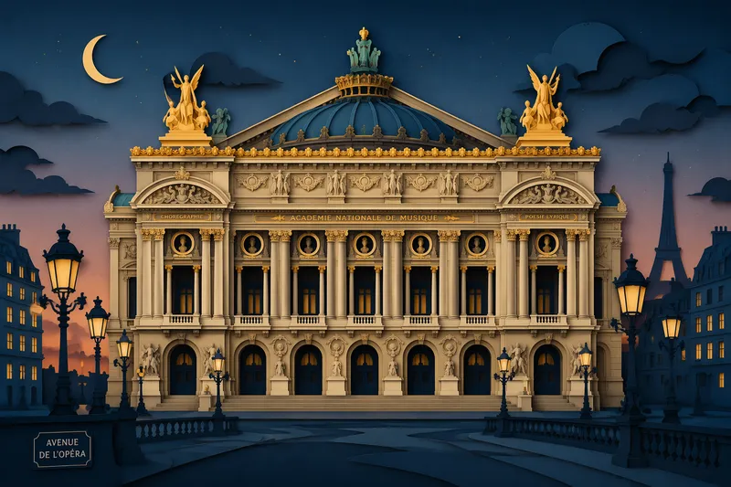 Palais Garnierin juhlava julkisivu iltavalaistuksessa Palais Garnierin juhlava julkisivu iltavalaistuksessa