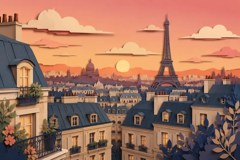 Pariisin kattoja ja Eiffel-torni auringonlaskussa