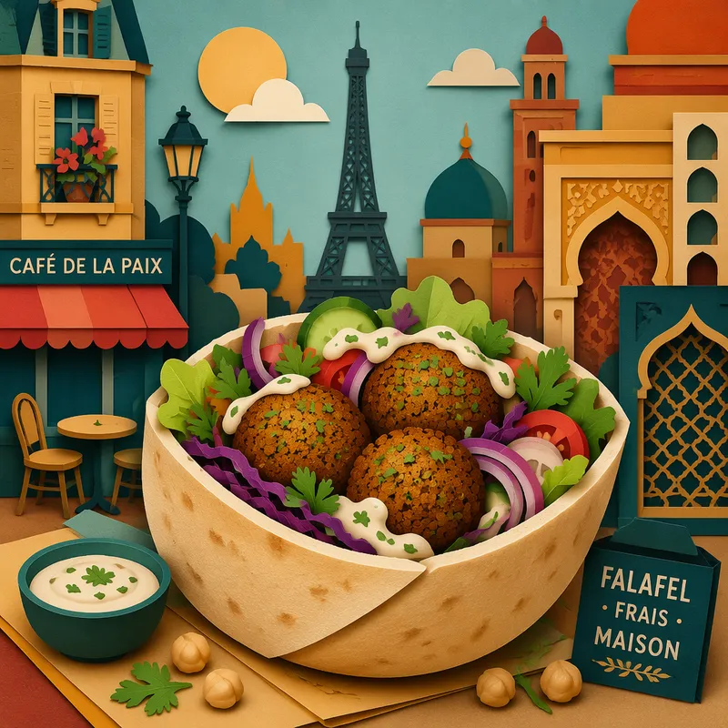 Falafel-pita täytettynä tuoreilla vihanneksilla ja kastikkeella
