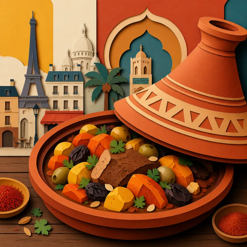 Marokkolainen tajine-ruoka tarjoiltuna pöydässä