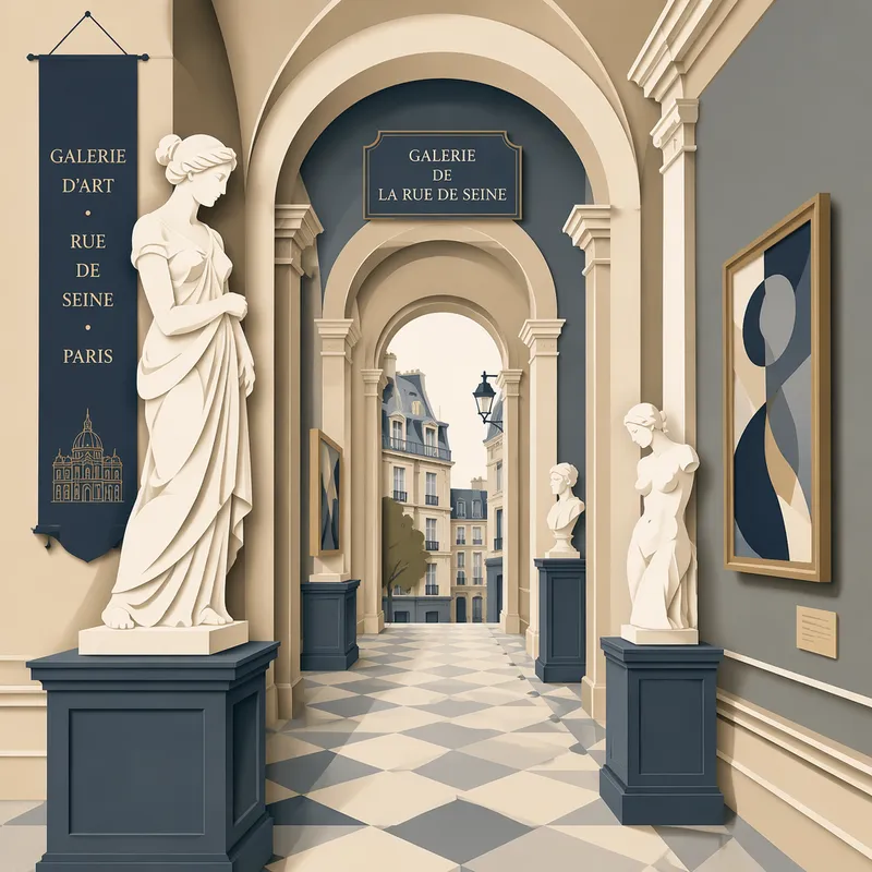 Klassinen museokäytävä veistoksineen ja marmorilattioineen