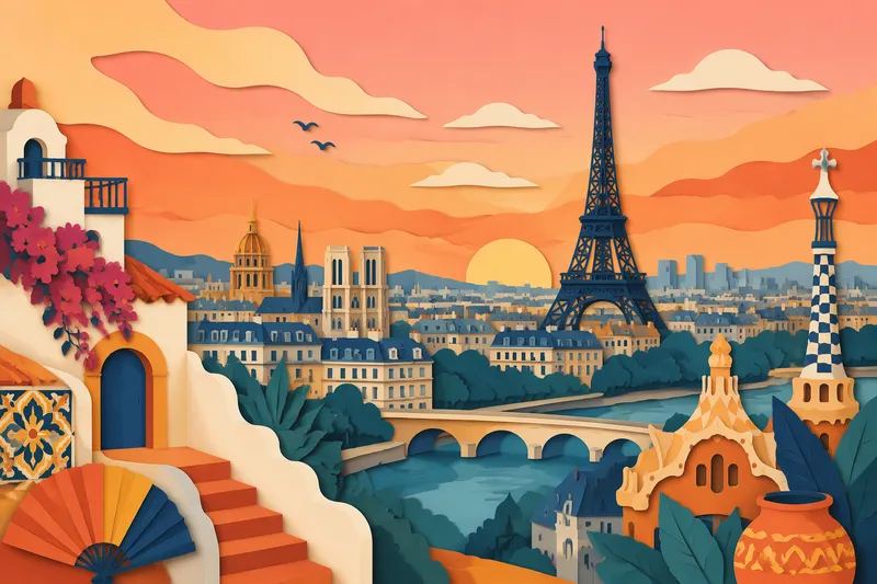 Pariisin horisontti Eiffel-tornilla auringonlaskun aikaan