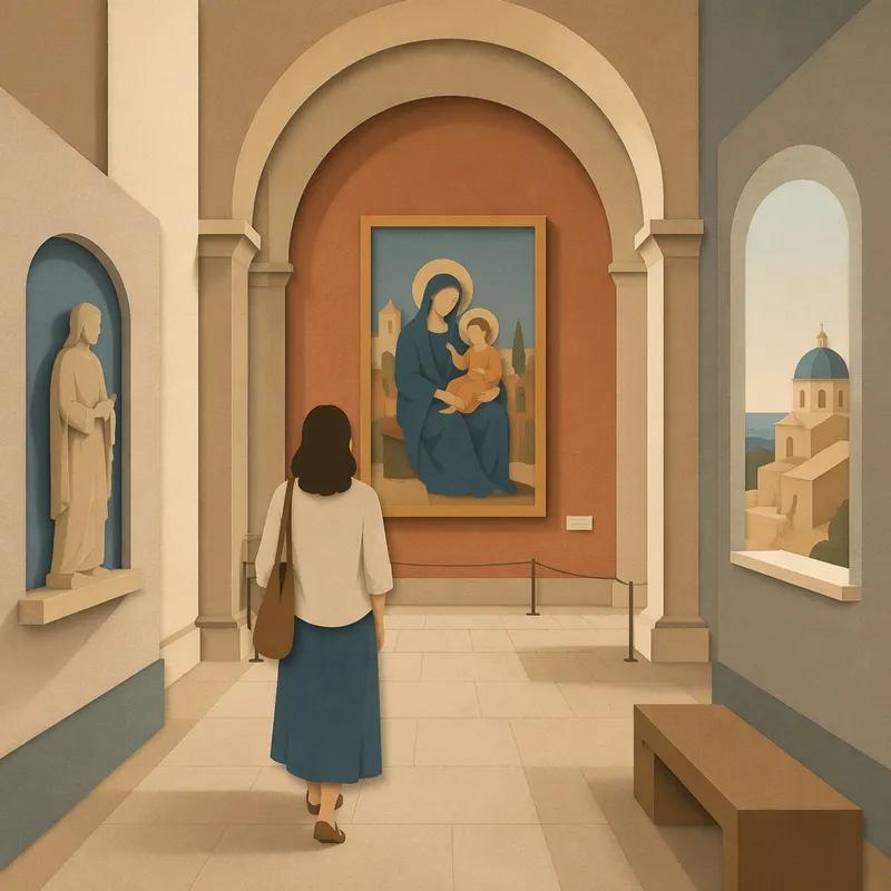 Museovieras ihailemassa maalausta hiljaisessa galleriatilassa