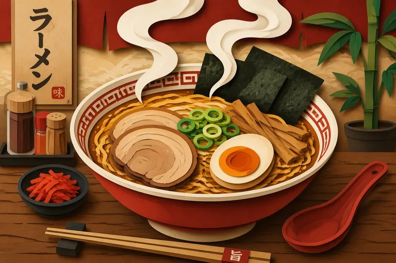 Höyryävä ramen-kulho puupöydällä Höyryävä ramen-kulho puupöydällä