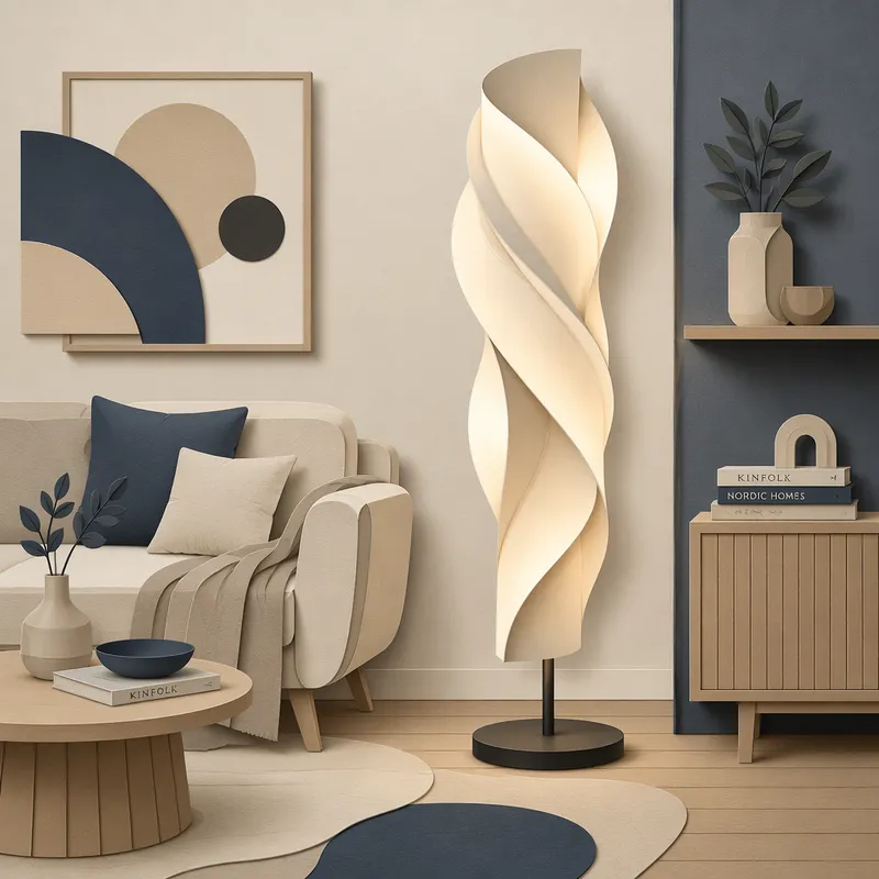 Moderni muotoilullinen lattiavalaisin olohuoneessa Moderni muotoilullinen lattiavalaisin olohuoneessa