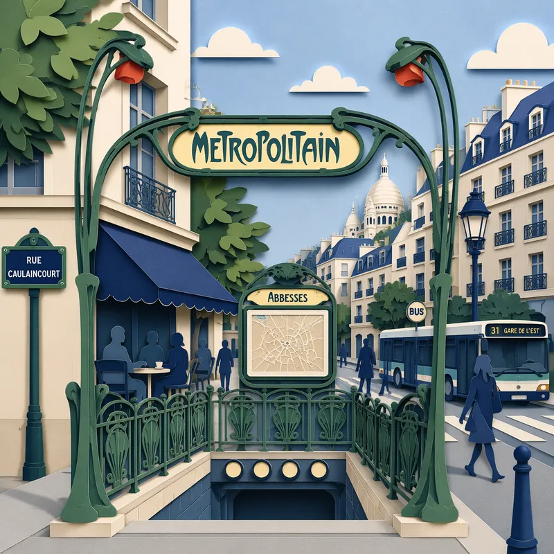 Perinteinen Pariisin metron sisäänkäynti ja vihreä kyltti