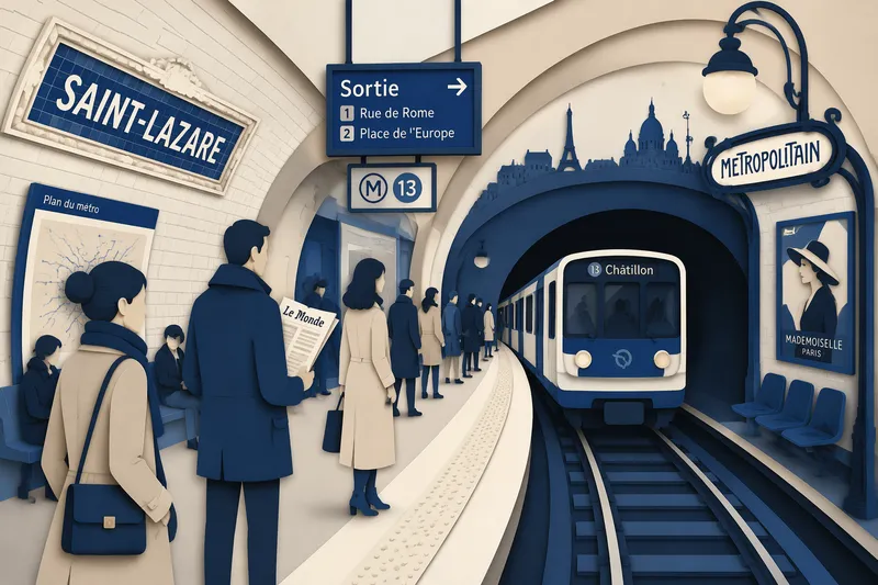 Pariisin metron vilkas asema ja matkustajia laiturilla