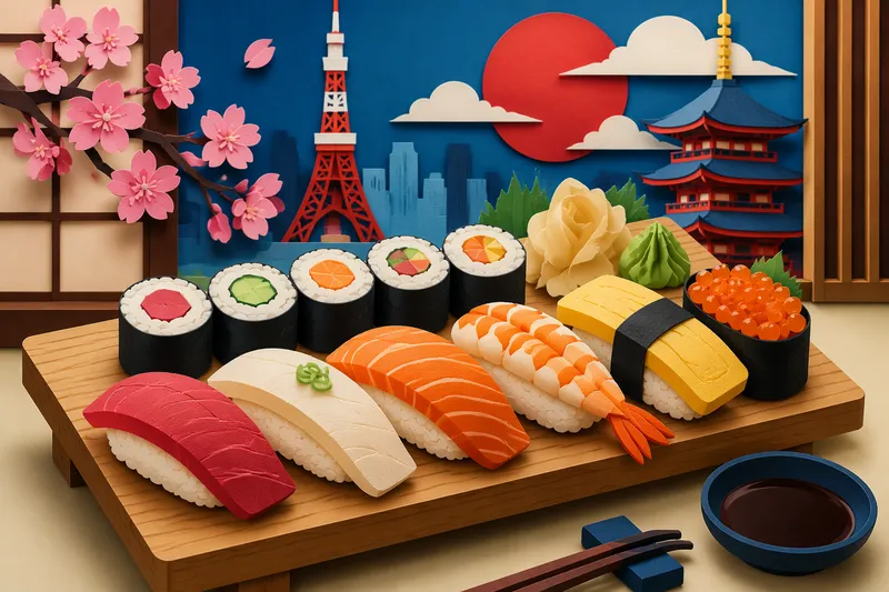 Valikoima värikkäitä sushiannoksia puutarjottimella Valikoima värikkäitä sushiannoksia puutarjottimella