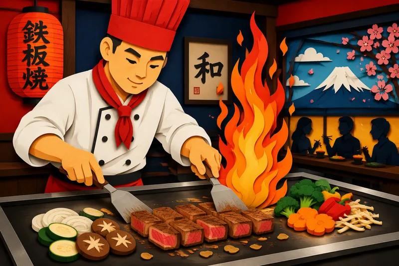 Kokki valmistaa ruokaa kuumalla teppanyaki-grillillä Kokki valmistaa ruokaa kuumalla teppanyaki-grillillä