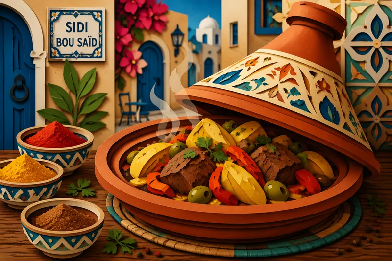 Höyryävä tunisialainen tagine-annos puisella pöydällä Höyryävä tunisialainen tagine-annos puisella pöydällä