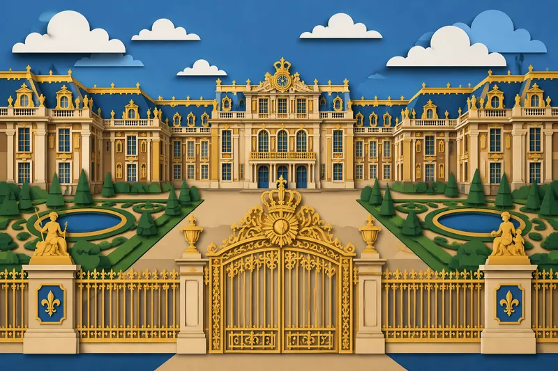 Versaillesin palatsin loistelias päärakennus ja kultaiset portit Versaillesin palatsin loistelias päärakennus ja kultaiset portit