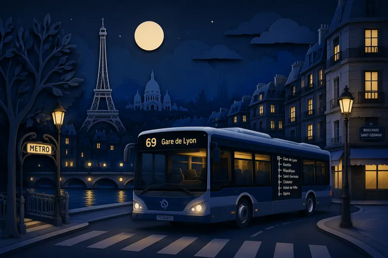Noctilien-yöbussi liikenteessä Pariisin yössä Noctilien-yöbussi liikenteessä Pariisin yössä